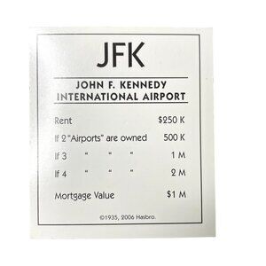 Monopoly Electronic Banking JFK Property u Title Deed Card Replacement 2006